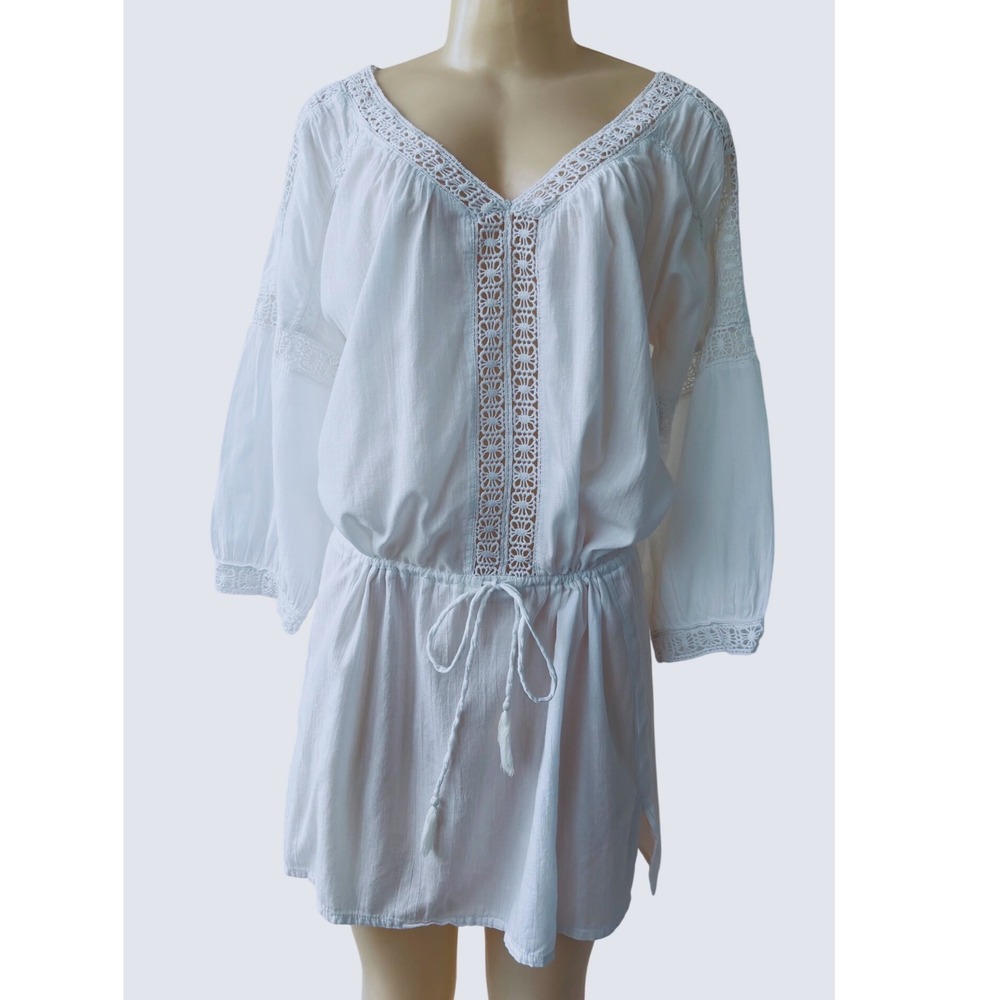 LOGG H&M White Boho Crochet Lace Mini Dress Tunic Tassel Waist Size M